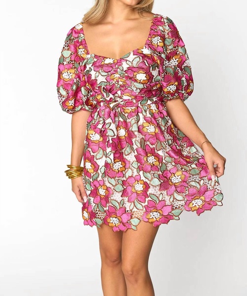 reyna puff sleeve mini dress in pink multi