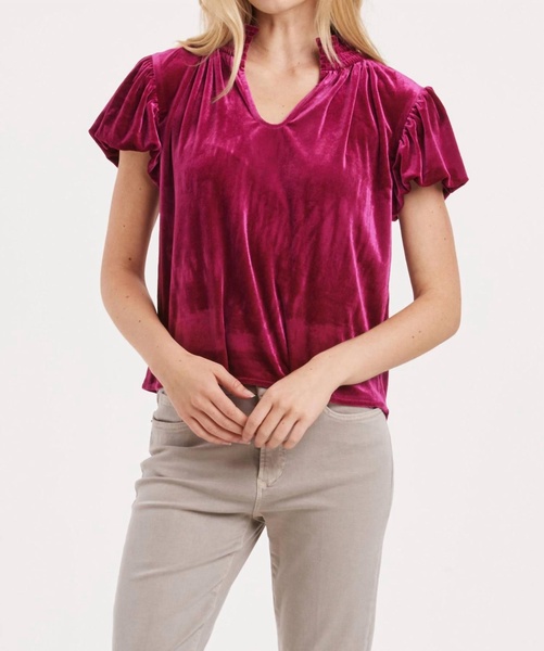 eira short puff sleeve smocked neck top in purple