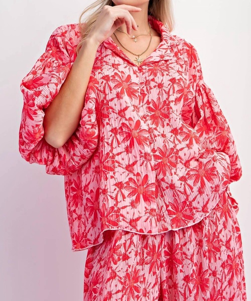 crinkled top in hot pink & red