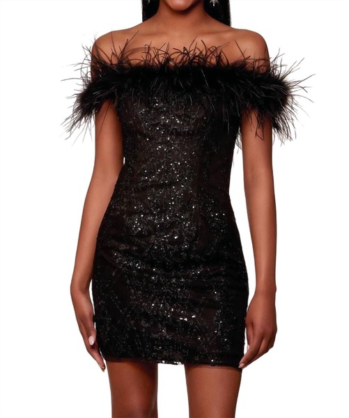 feather neckline glitter prom dress in black