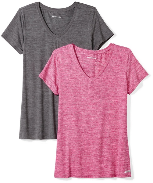 Amazon Essentials Women's Tech Stretch Short-Sleeve V-Neck T-Shirt (Available in Plus Size), Pack of 2