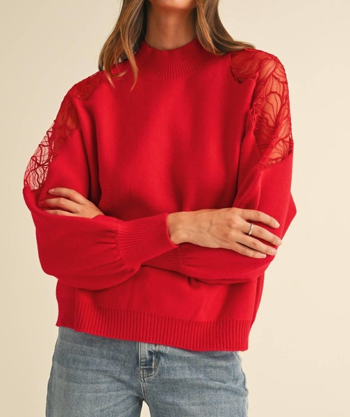 embroidered shoulder mock neck sweater