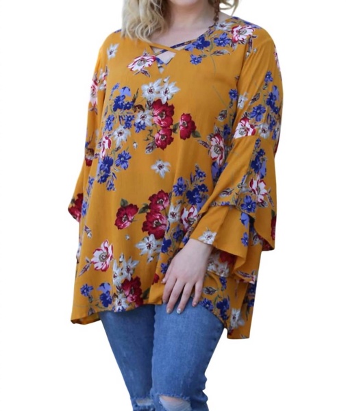 floral layered bell sleeve tunic - plus in multi