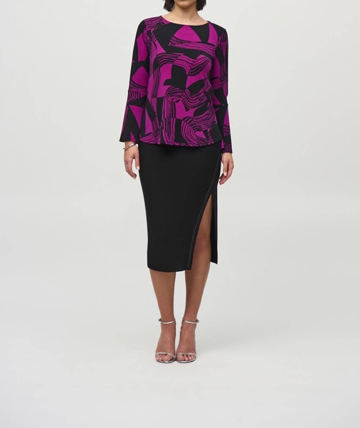 silky knit abstract flared top in purple
