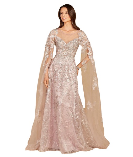 Women's Long Bell Sleeve Boat-Neck Beaded Gown