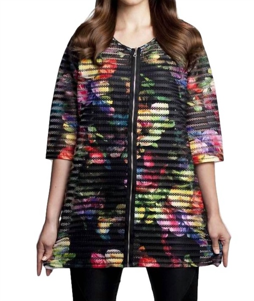 textured floral long cardigan in black multi