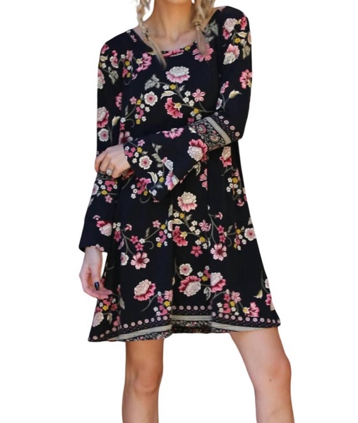 floral double ruffle sleeve open back dress in black