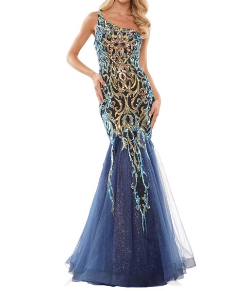 one shoulder mermaid evening dress in navy