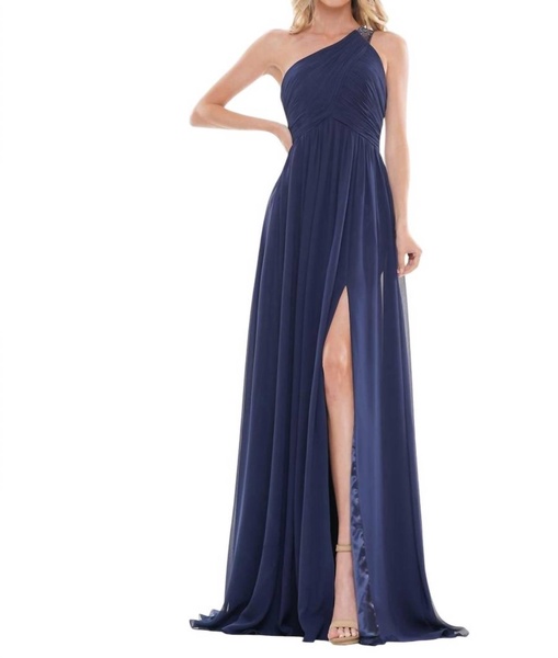 one shoulder long dress in navy