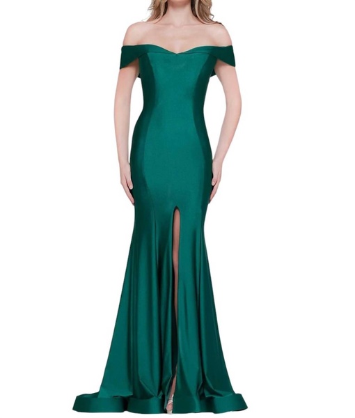 off shoulder front slit satin mermaid gown in emerald
