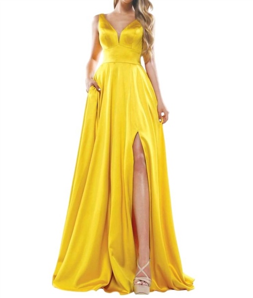 deep v-neck satin a-line gown in yellow