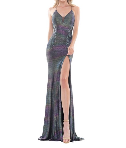 metallic jersey long dress in turquoise multi