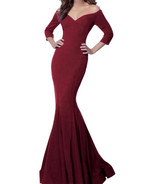 off shoulder mermaid long evening gown in burgundy
