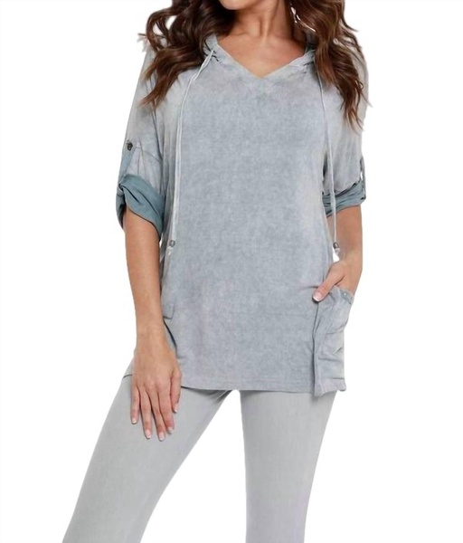 hooded drawstring tunic top in gray