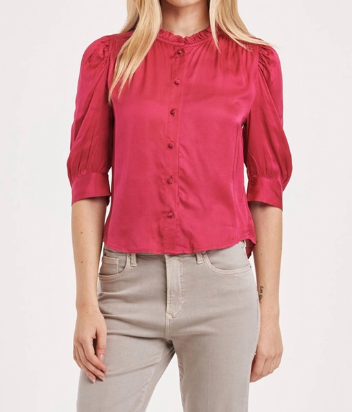 nima half sleeve ruffle neck button blouse in red