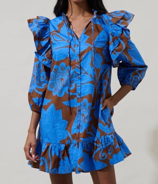 floral ruffle drop waist mini dress in brown-blues