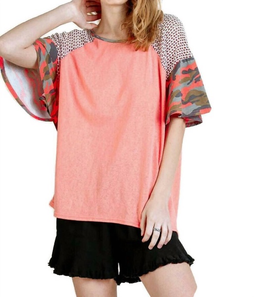camo bell sleeve top in peach