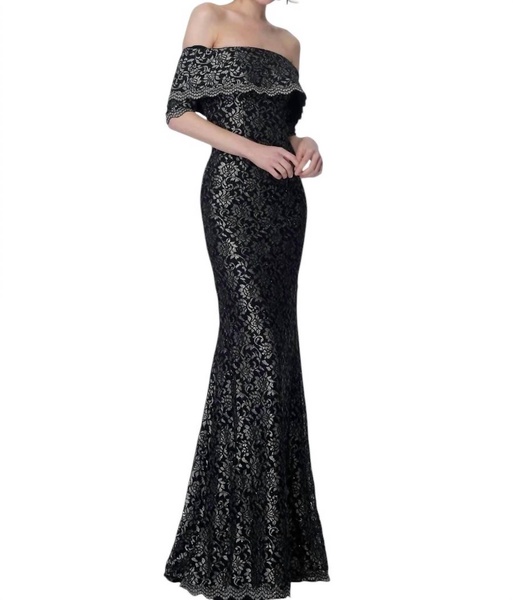 off the shoulder lace evening dress in black/gold