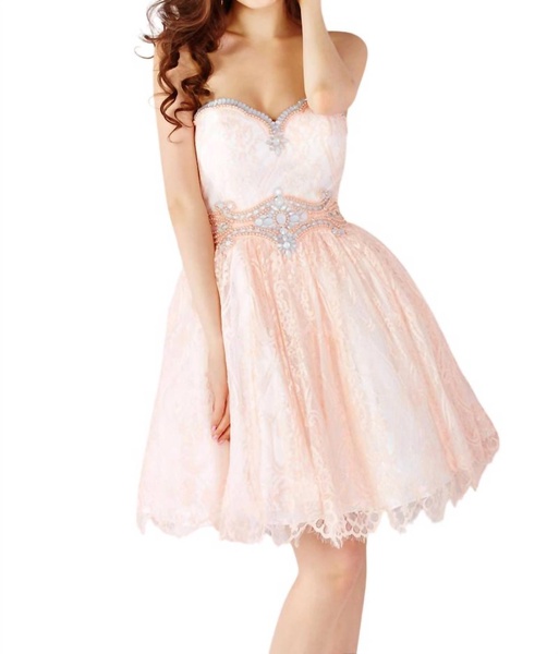 short prom dress in peach