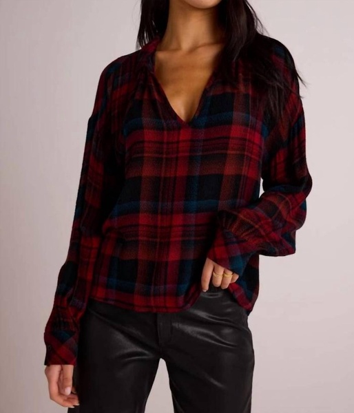 drop shoulder pullover sweater in winter berry plaid