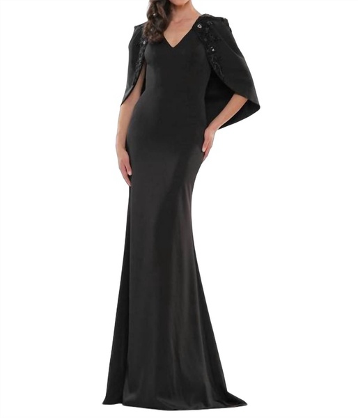 beaded shoulder cape evening gown in black