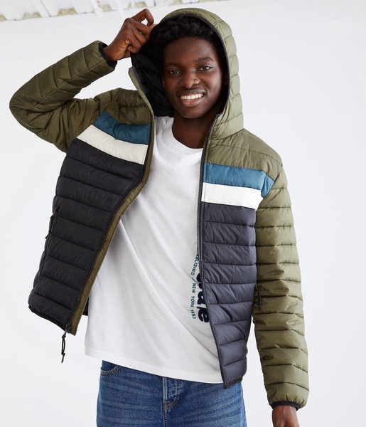 colorblock hooded midweight puffer jacket