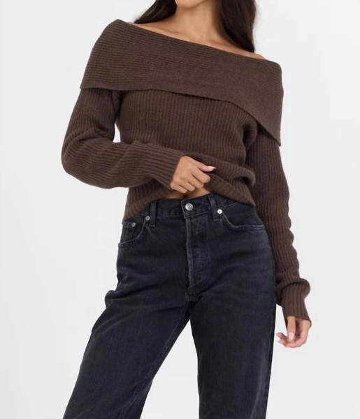 off the shoulder zip back sweater in espresso