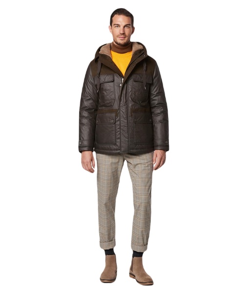 Andrew Marc Men's Short Fabric Blocked Parka with a Sherpa Lined Harrigan Hooded Cuff Tab with Adjustable Snap