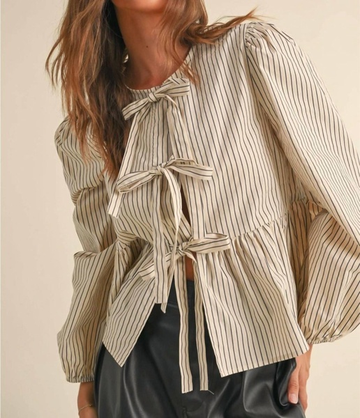 luna neutral striped cotton tie top in beige