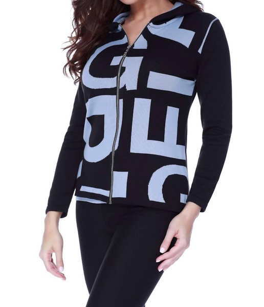 abstract hooded cardigan in black/denim