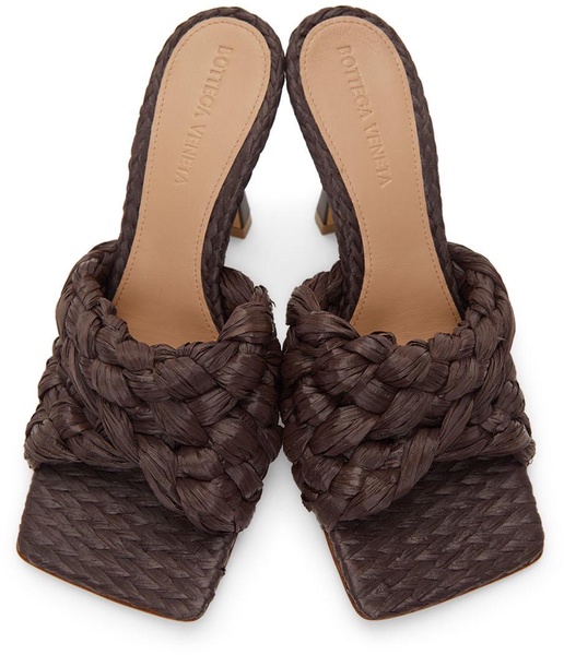 Brown Raffia Stretch Heeled Mules
