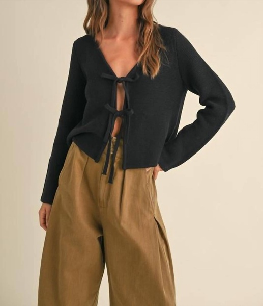 long sleeve knitted tie front cardigan in black