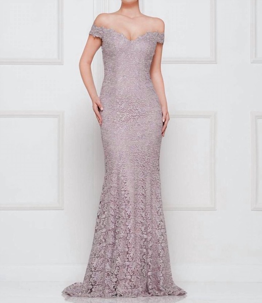 off shoulder lace gown in mauve