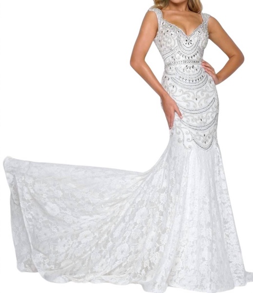 crystal draped lace mermaid gown in ivory