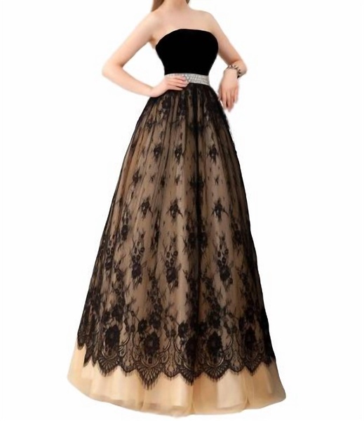strapless velvet and tulle ballgown in black/nude