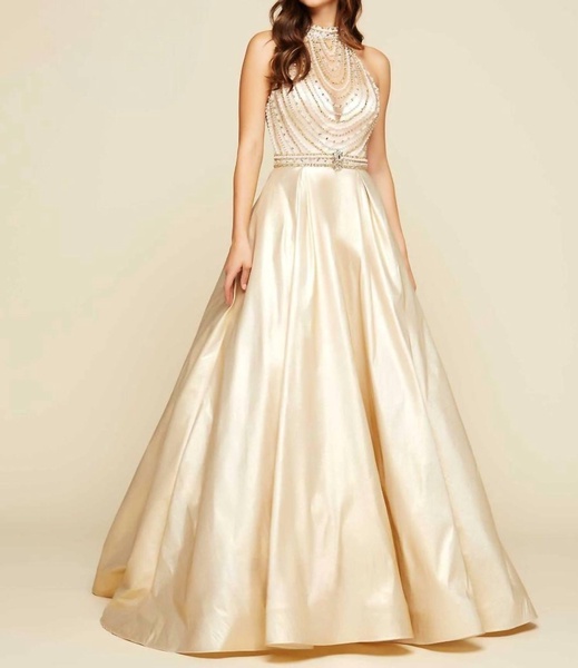 beaded illusion halterneck ball gown in gold