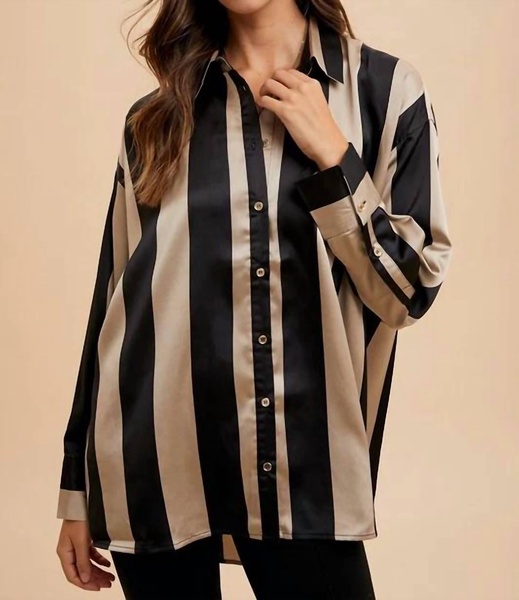striped dropped shoulder button down shirt in black/khaki