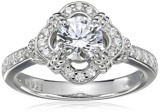 Amazon Essentials Sterling Silver Platinum Plated Infinite Elements Cubic Zirconia Framed Halo Antique Ring , (previously Amazon Collection)