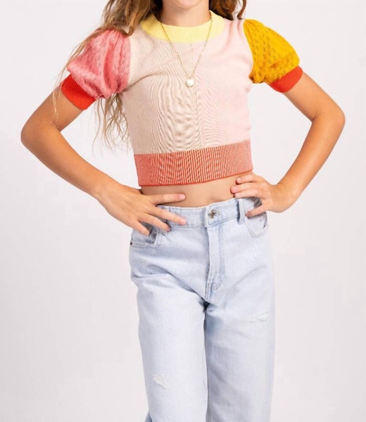 girls pointelle top in pink multi