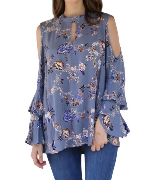 jaquard keyhole cold shoulder top in blue/grey