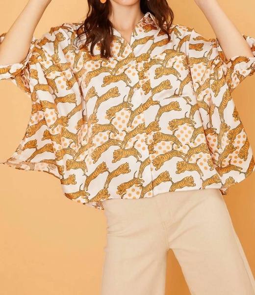 tiger printed woven blouse in golden/cream