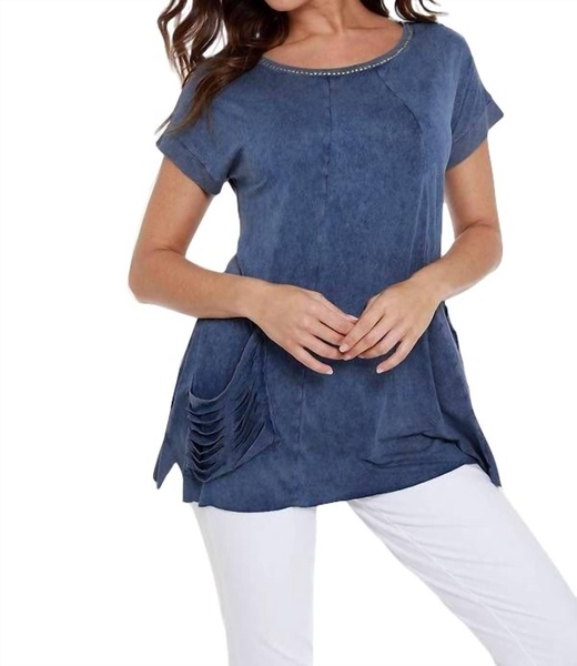 beaded short sleeve tunic in denim