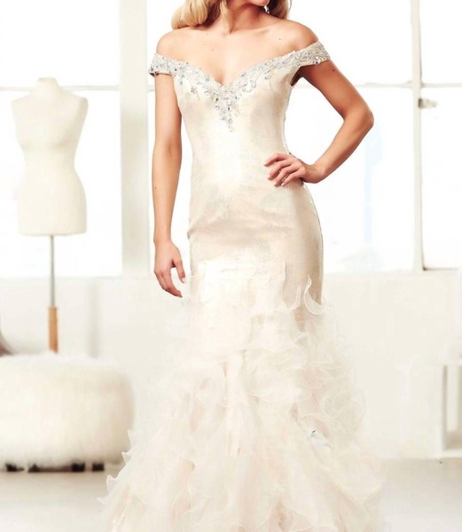 off-the-shoulder ball gown with sequins and chiffon ruffles in ivory/nude