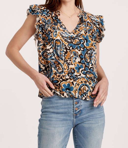ray ruffle sleeve v-neck button closure top in multi print