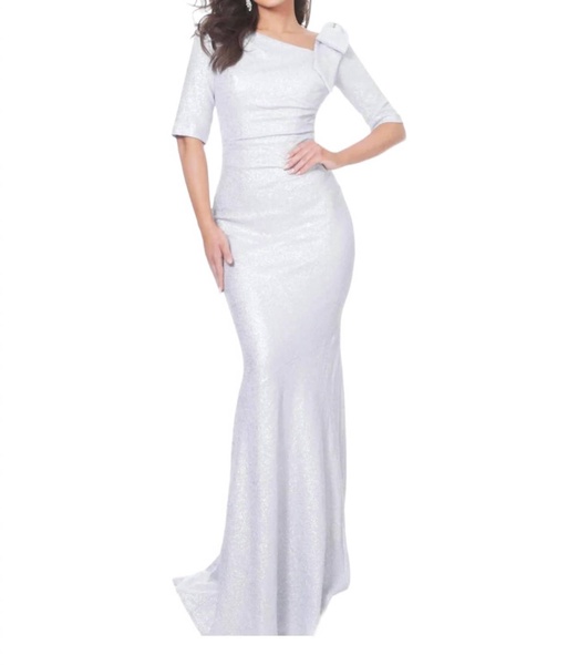 metallic 3/4 sleeve gown in silver