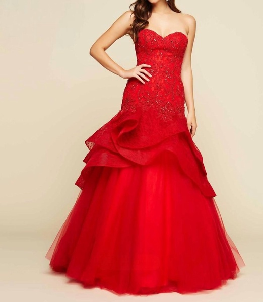 lace ruffled tulle ball gown in red