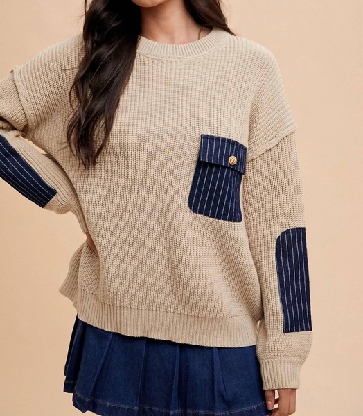 striped denim patch sweater in cream/denim