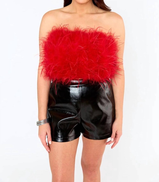 fancy strapless feather crop top in crimson