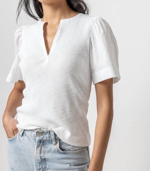 woven sleeve split neck short sleeve tee in white