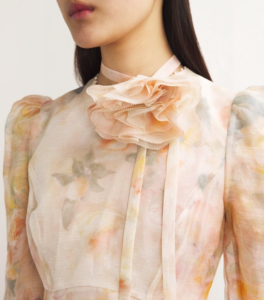 Linen-Silk Flower-Embellished Mini Dress